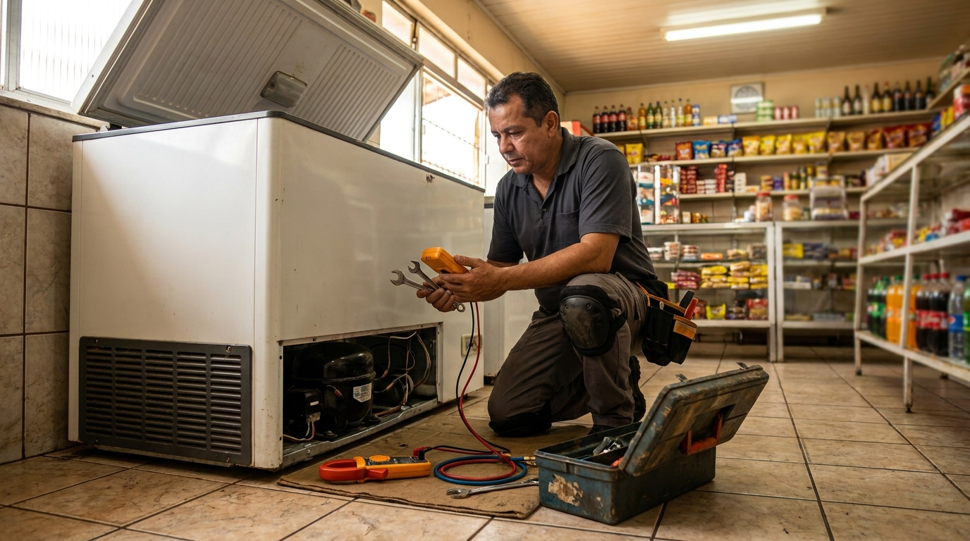 Técnico realizando manutenção de motor de freezer em Passo Fundo‑RS