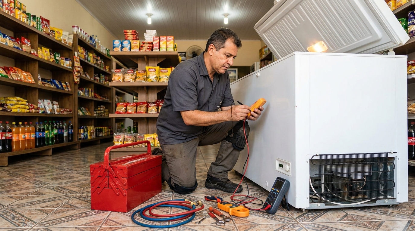 Recarga de gás refrigerante em freezer em atendimento em Passo Fundo‑RS
